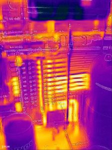 Thermographic image of 6-zone hydronic radiant infloor heating system installed in a Calgary basement