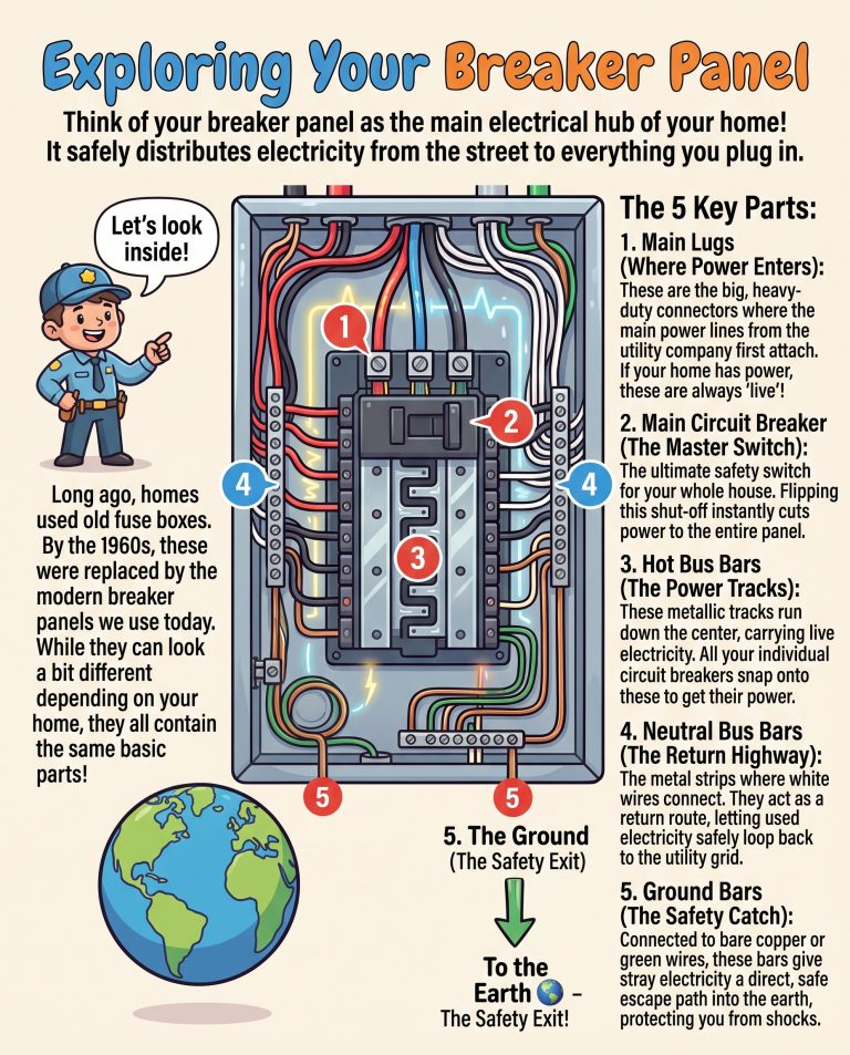 Exploring your breaker panel infographic with the YYC Electrician cartoon electrician