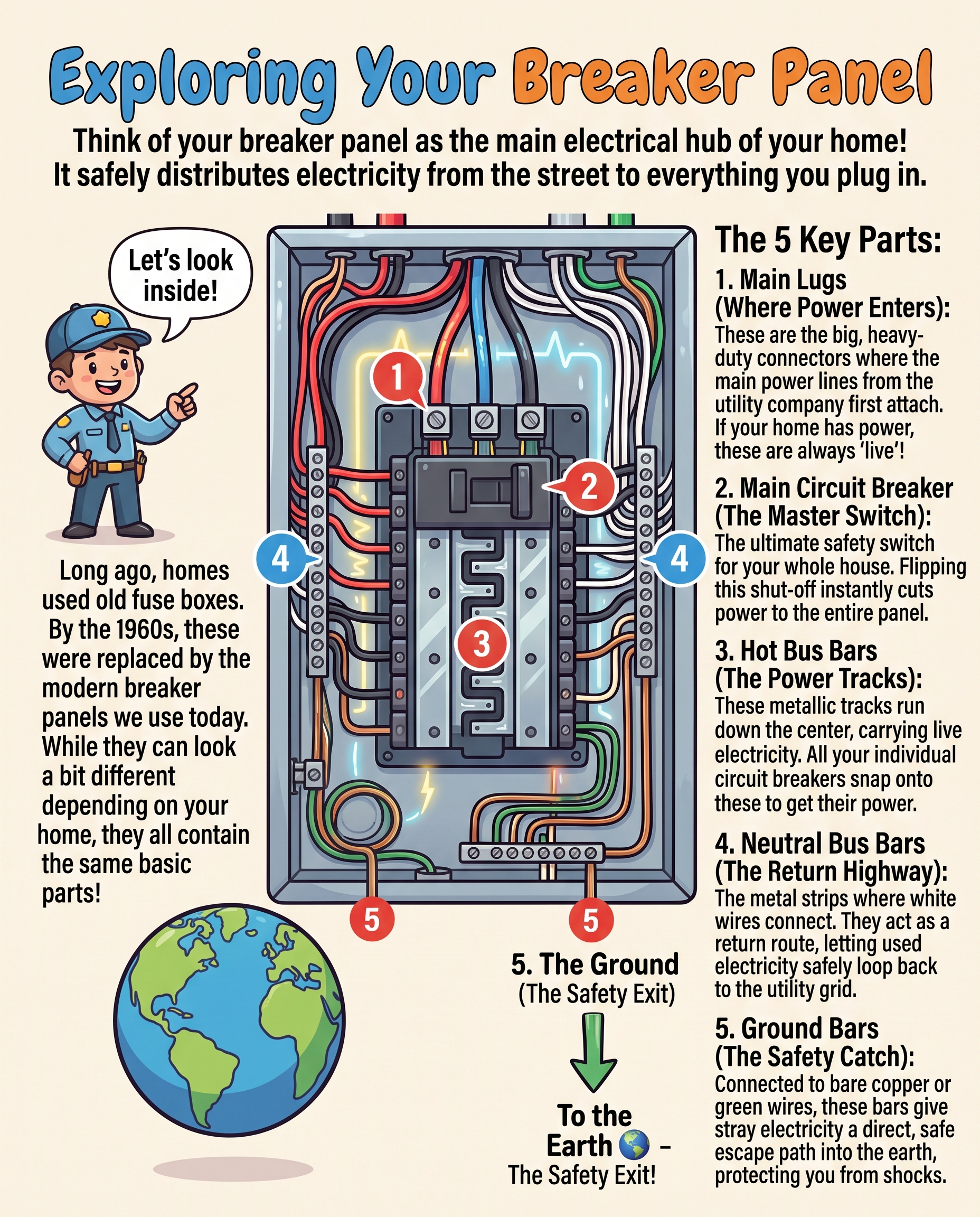 Exploring your breaker panel infographic with the YYC Electrician cartoon electrician